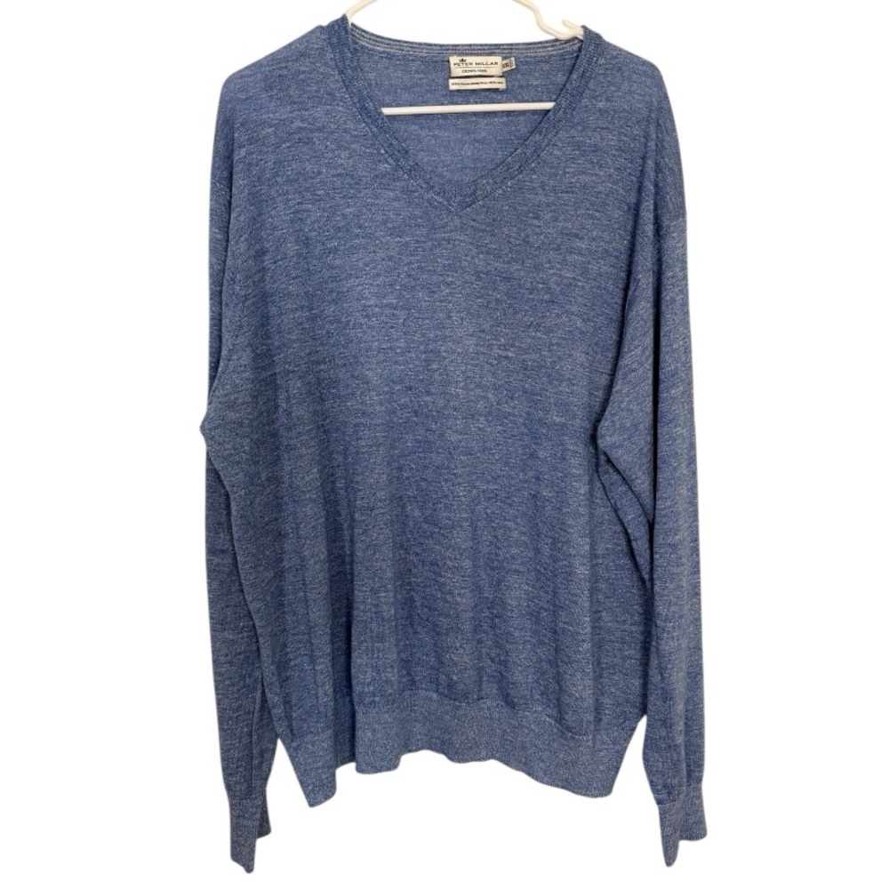 Peter Millar Crown Cool Blue Merino Wool Linen V-Neck Sweater XXL Lightweight